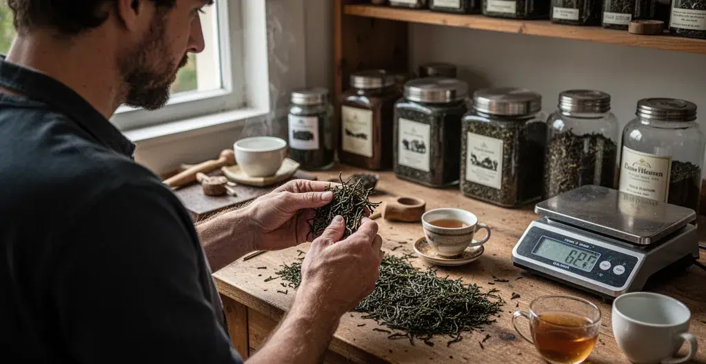 Artisan thé inspectant des feuilles de thé dans son atelier suisse