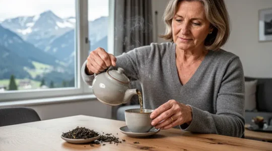 Femme versant du thé bio fumant dans une tasse, intérieur suisse avec vue montagne