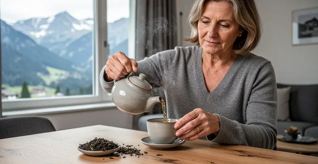 Femme versant du thé bio fumant dans une tasse, intérieur suisse avec vue montagne