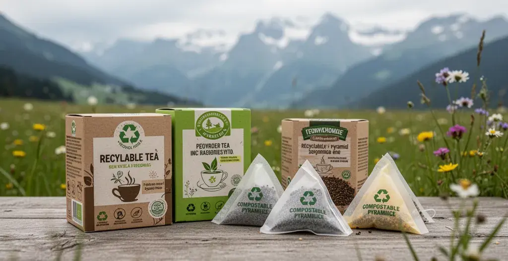 Emballages thé recyclables et sachets compostables sur table bois, prairie alpine