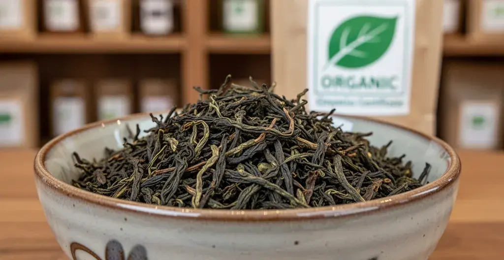 Feuilles de thé bio en vrac dans un bol céramique, label certification visible flou