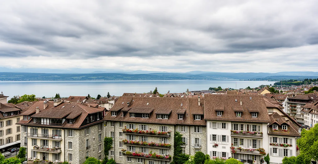 Vue panoramique quartier résidentiel Lausanne avec lac Léman en arrière-plan