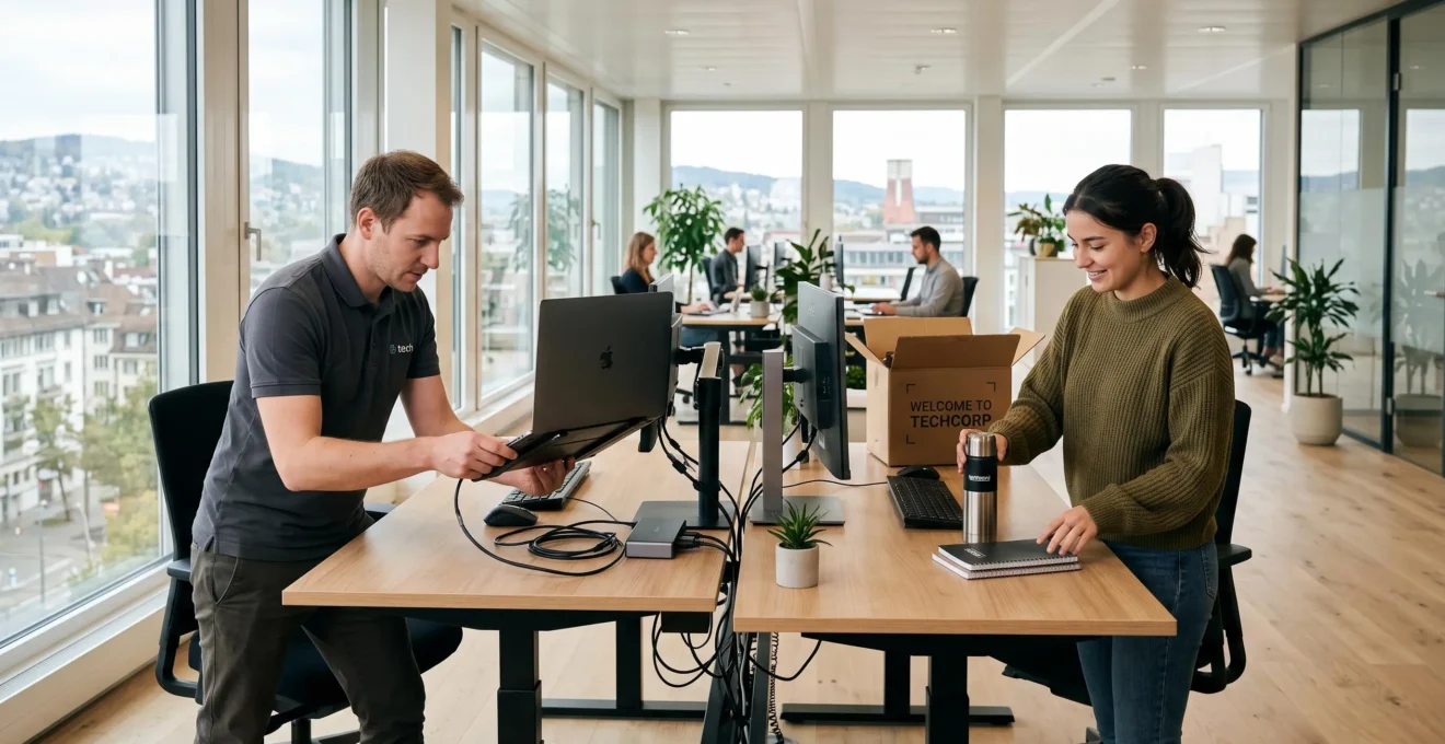 Un technicien installe un ordinateur portable pendant qu'une recrue déballe son poste de travail.