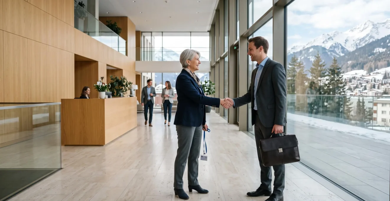 Une spécialiste RH serre la main d'une nouvelle recrue dans le hall lumineux d'un bureau suisse.