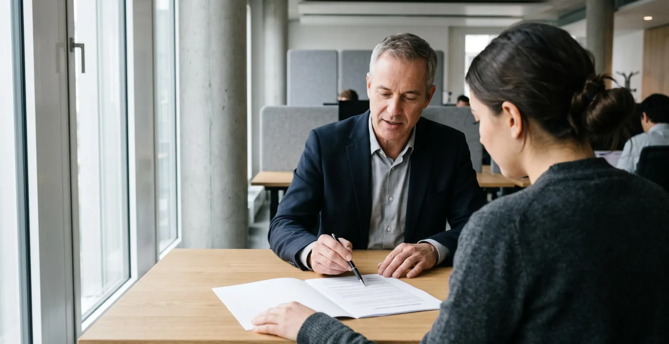 Une spécialiste explique les clauses d'un contrat de travail à une recrue dans un bureau.